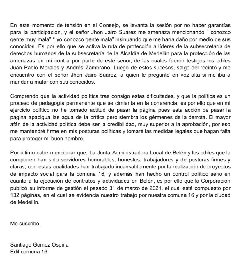 Comunicado Edil Santiago Gómez Ospina por los hechos ocurridos el día 30 de marzo de 2022 en plenaria de Consejo Comunal de Belén.