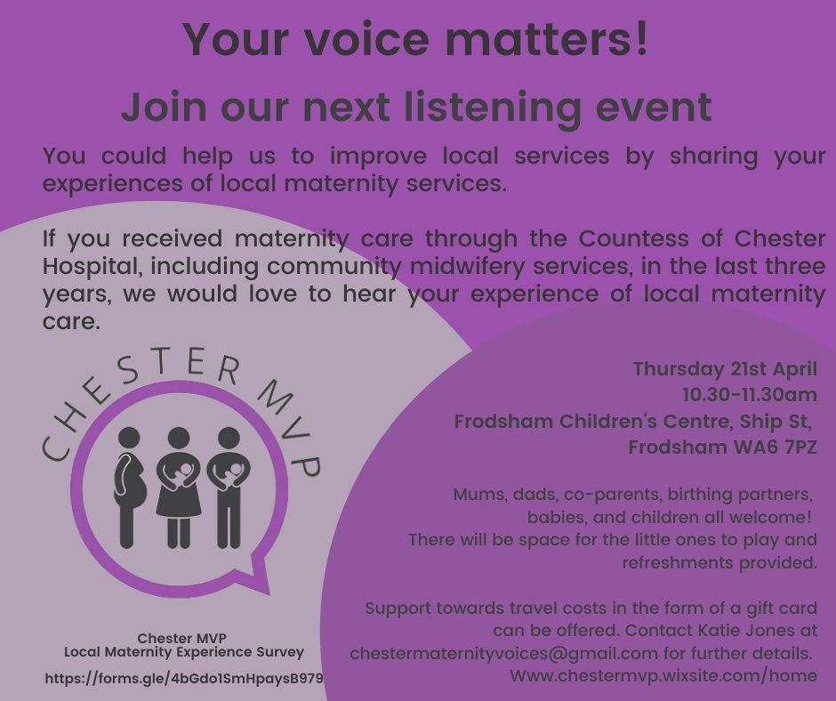 chestermnvp's tweet photo. If you've experienced maternity care from @TheCountessNHS in the last 3 years we'd love to hear you're experiences. Join us with your little one for a play and a chat at Frodsham childrens centre on Thursday 21st April, 10.30am or complete our survey at https://t.co/3wrxYqsDzv https://t.co/UjQZr3ZyFp