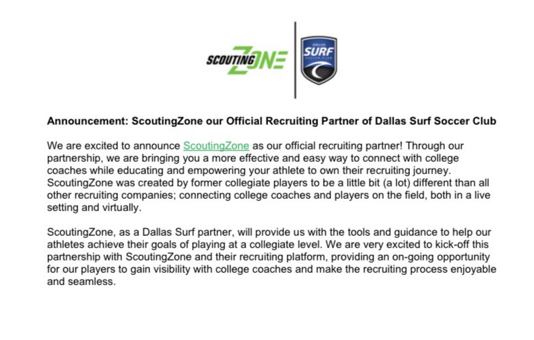 Exciting announcement for all of our players looking to play college soccer!! All Dallas Surf High School aged players will now have access to ScoutingZone as a part of their club fees 🌊⚽️ 
#gosurf #surfnation #surfpride #dfwsoccer