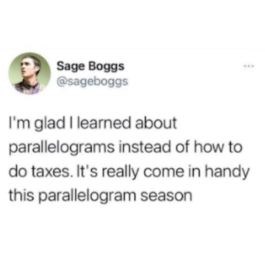 bevividyou's tweet photo. We'd prefer a parallelogram season, quite honestly. 🙈 #taxseason https://t.co/tXKLtbBF1l