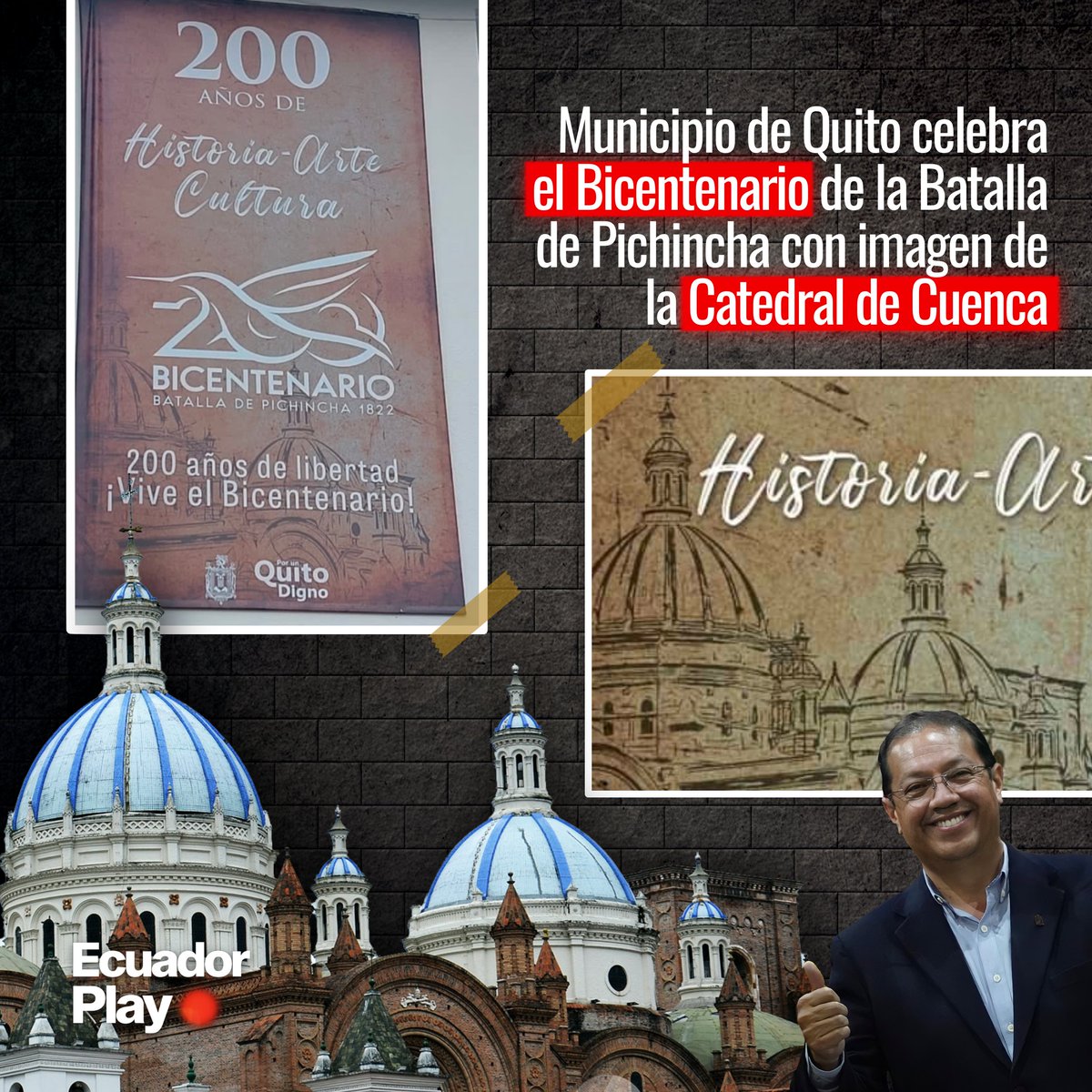 EcuadorPlay's tweet photo. No conocen Quito. @MunicipioQuito colocó la imagen de la Catedral de #Cuenca en las lonas conmemorativas por el Bicentenario de la Batalla de Pichincha, que se exhiben en los exteriores de la Alcaldía de Quito. @santiguarderas https://t.co/ZjcsJ99GHW