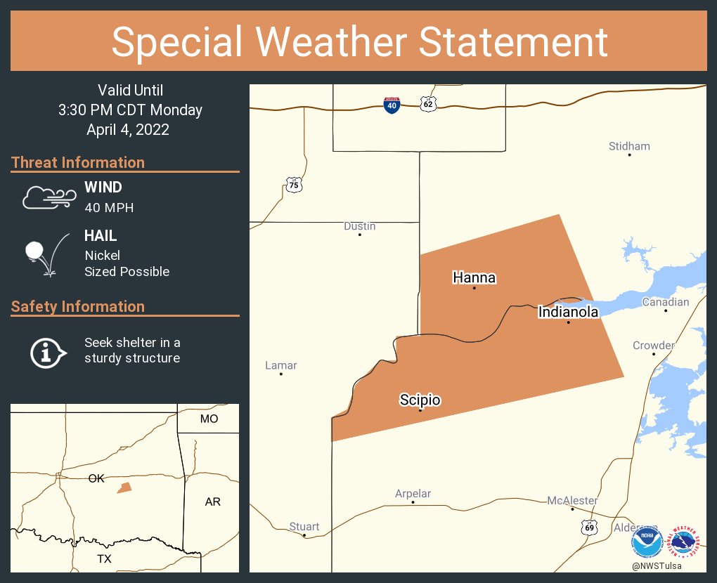 NWS Tulsa on Twitter "A special weather statement has been issued for Indianola OK, Hanna OK