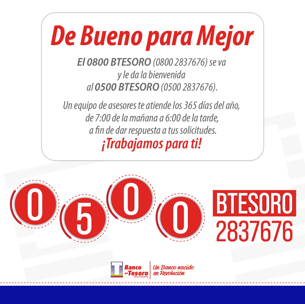 bcodeltesoro's tweet photo. Tenemos un equipo de asesores que te atiende los 365 días del año, de 7:00 de la mañana a 6:00 de la tarde, a fin de dar respuesta a tus inquietudes.

#0500BTesoro https://t.co/JDRHBRtZYH