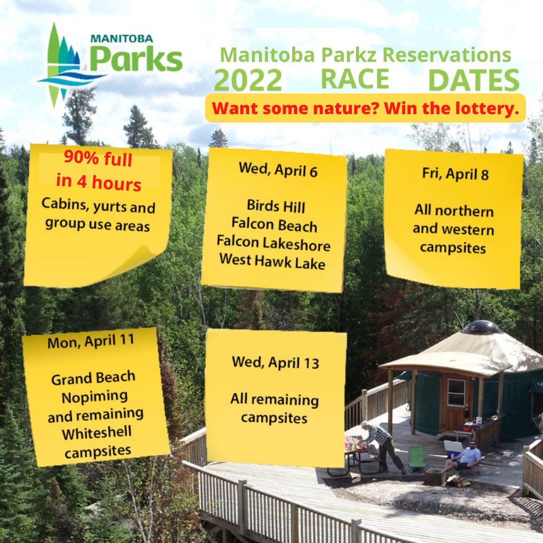 MBGovParkz's tweet photo. Bookings for #MBparks opened today! Congratulations top the lucky few Manitobans who will get the privlege of sleeping in our parks this year. 
Missed your chance? Well you should have been waiting in line for your assigned lottery number at 7am like 7400 other people. #MBpoli https://t.co/Cpy3U2DZgr