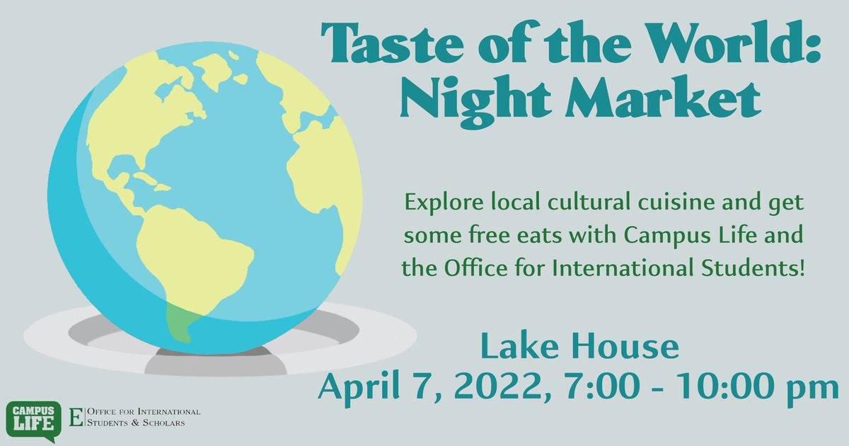 This weeks late night program is a FREE Night Market on Thursday!

Join Campus Life and Office of International Students and Scholars as we embark on a food journey through the world anytime between 7-10pm. 

Enjoy food from local cultural restaurants in the Ypsilanti area!🍲🍢🧋