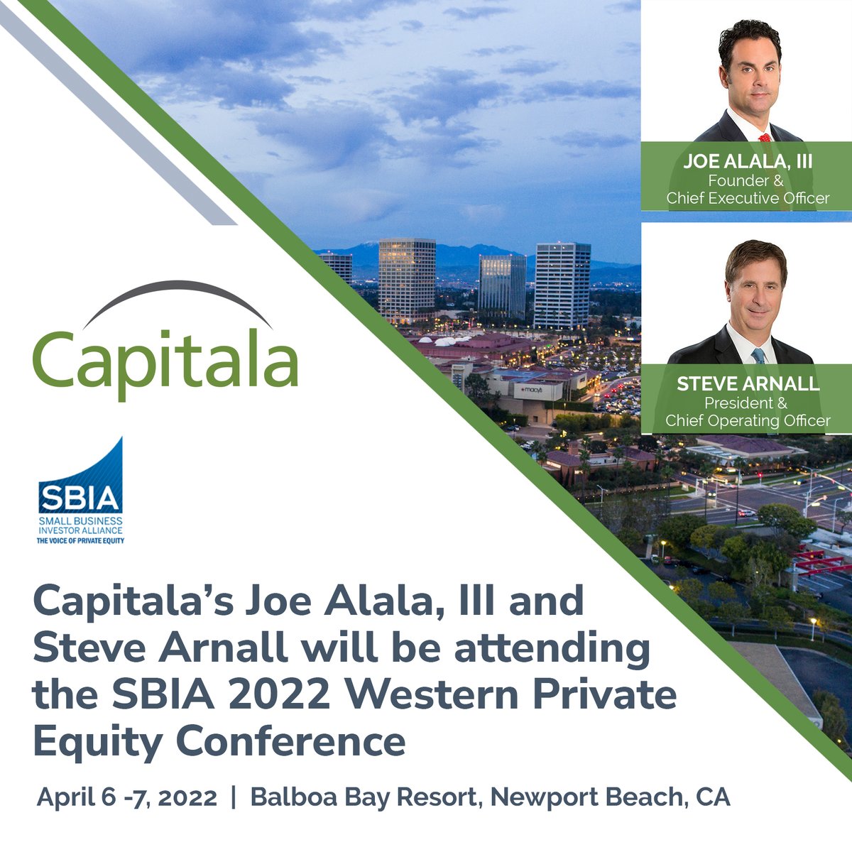 Joe Alala, III and Steve Arnall of Capitala Group will be attending the SBIA Western Private Equity Conference this week in Newport Beach, California.  Reach out if you plan to be there and would like to connect!  #SBIAWesternPE #privateequity #SBIA #lowermiddlemarket #networking