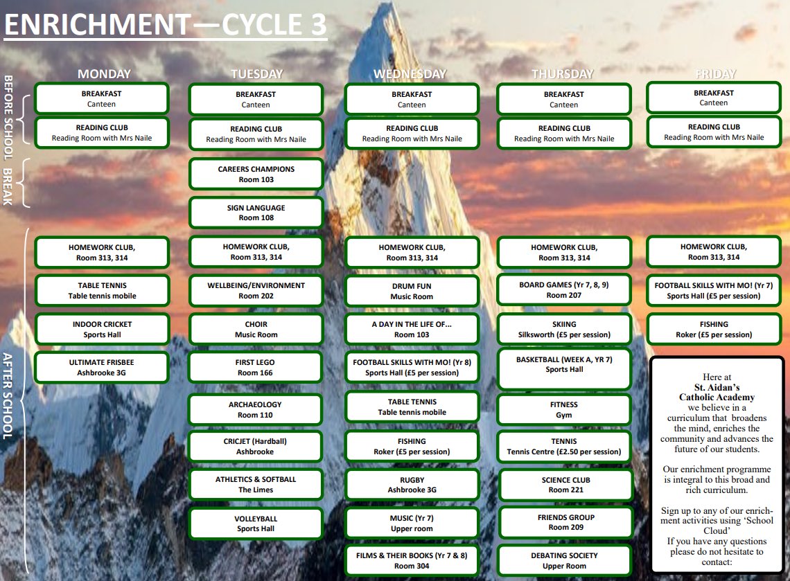 Cycle 3 enrichment clubs begin Monday 25th April. Use school cloud to sign up. @St_Aidans_RC