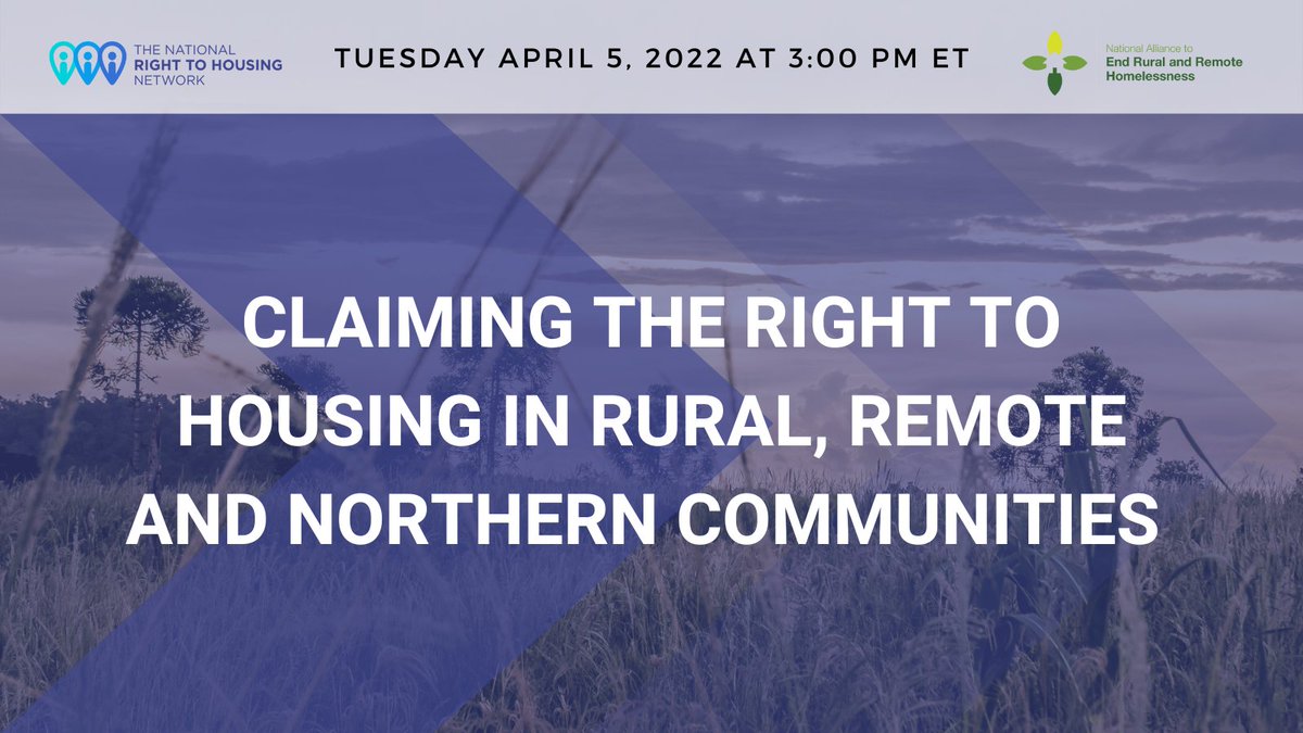 Have you registered for tomorrow's webinar on Claiming the Right to Housing in Rural, Remote, and Northern Communities? 

Join the NAERRH &amp; <a href="/R2HNetwork/">National Right to Housing Network</a> to work collaboratively in imagining pathways for advancing the right to housing.

Register today: us02web.zoom.us/meeting/regist…