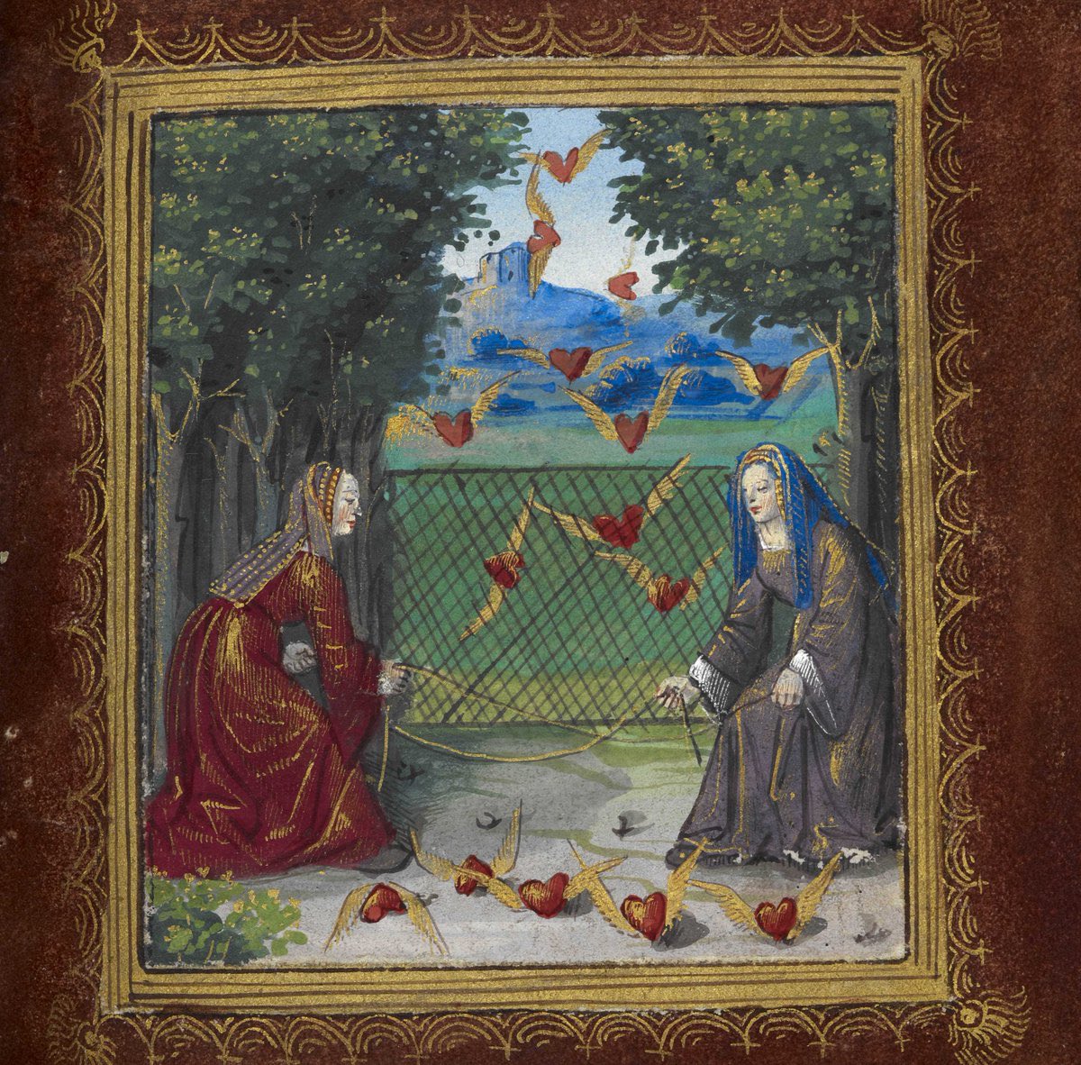 Dos damas capturan corazones alados en una red. 

Miniatura del ‘Petit Livre d'Amour’ (Pierre Sala, s. XVI).
