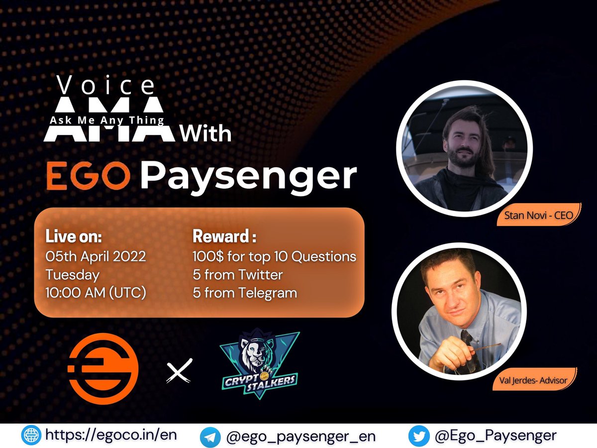 📢 We're thrilled to announce our next #VoiceAMA with <a href="/Ego_Paysenger/">EGO</a> on 5th April at 10:00 AM UTC

💰 Reward Pool: 100$
📍 Venue: t.me/thecryptostalk…
〽️ Rules:
✅ Follow @StalkersCrypto &amp; <a href="/Ego_Paysenger/">EGO</a>
✅ Like &amp; Retweet
✅ Comment Questions &amp; Tag 3 Friends with BEP20 address