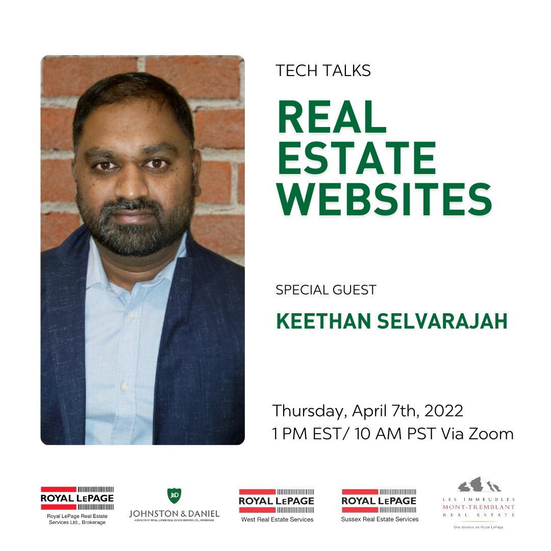 💡Learn more about Real Estate Websites with Keethan Selvarajah from the Royal LePage Technology Department.

📅 Thursday, April 7th, 2022
1 PM EST/ 10 AM PST
Via Zoom

💻 Join us here: zoom.us/j/93528980520