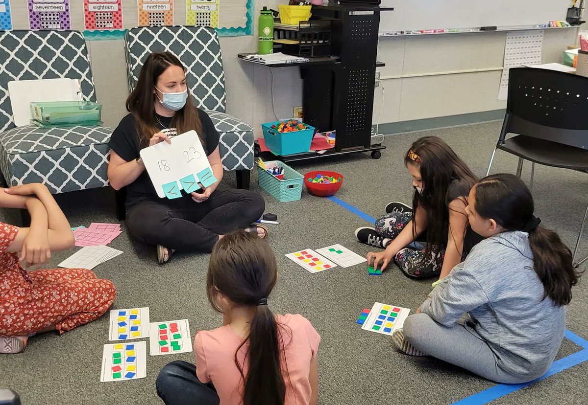 rwolf1221's tweet photo. Students in Mrs. Graza's math class are using different strategies to count and to represent two digit numbers with tens and ones. They also compared numbers having to explain their thinking. ><= @WoodcrestFSD #WCWildcatPride #mathrti https://t.co/SSagzULWg6
