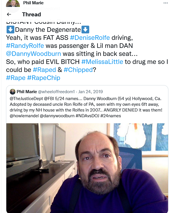 wheeloffreedom1's tweet photo. I have to wonder if #CCPHollywood is also involved in torturing me?
or
Maybe it's just the #Rolfes using their #RapeChip... 
#Rape to them is just a way of life...
Cousin Danny doesn't even try to hide his mocking of me on his profile.. #BioChip in head
Was I #Raped by a midget? https://t.co/iFpkj0bjax
