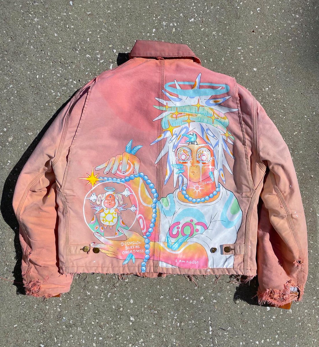 sageinutopia's tweet photo. “God Complex” hand painted &amp; dyed on a vintage carhartt jacket! i wanted to show the process of using delusion &amp; confidence as fuel to keep going as an artist. the angels eyes show that there can be pain in ur journey but creating a world is the reward. #art #artistsontwitter https://t.co/QNiVvR7uR6