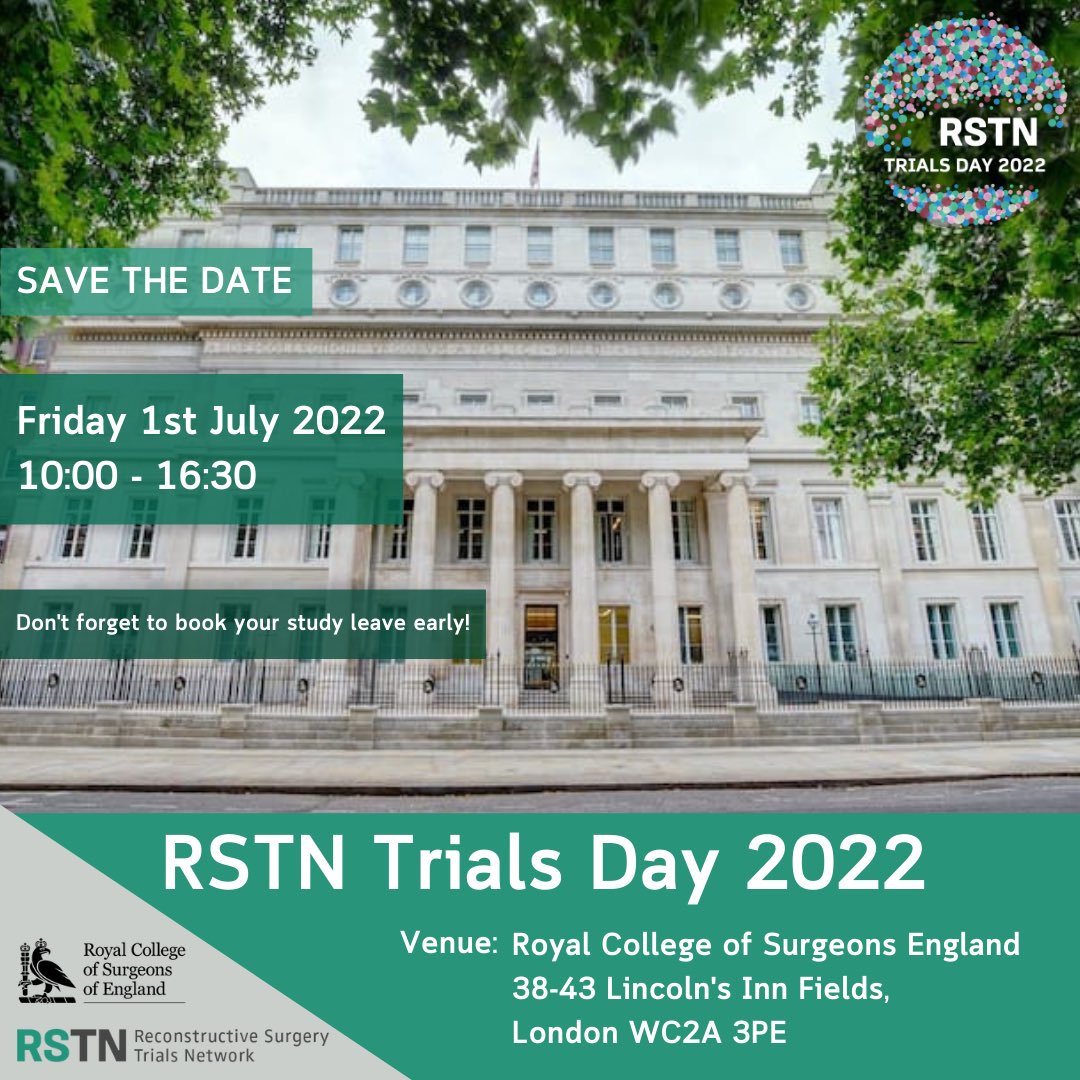 Surgery_Trials's tweet photo. 📣ANNOUNCEMENT 📣 

#RSTNTrialsDay will be taking place on 1st July 2022 @RCSnews 

Make sure to book study leave and join us at the college for keynote speeches, vipers nest, and lots more.

Registration opening soon‼️ https://t.co/Zl6DgSW9oG