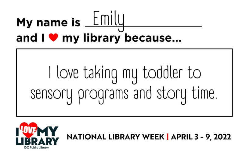 dcpl's tweet photo. This #NationalLibraryWeek share what @dcpl connects you to that makes you love your library! For Emily who uses the Northeast Library, that's being able to take her toddler to early literacy programs! Let us know what you love using the hashtag #ILoveMyLibrary. #LibrariesConnect https://t.co/wQOtWT8jBT