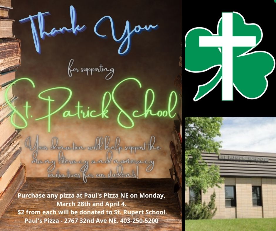 StPatrick_CCSD's tweet photo. Just a reminder to the @strupert_ccsd and @StPatrick_CCSD families that tonight is night 2 of our fundraiser through Paul's Pizza NE. Any pizza purchased from them today, translates to a $2 donation to our schools. If you are able, please support this initiative. https://t.co/0Ye51IGVD5