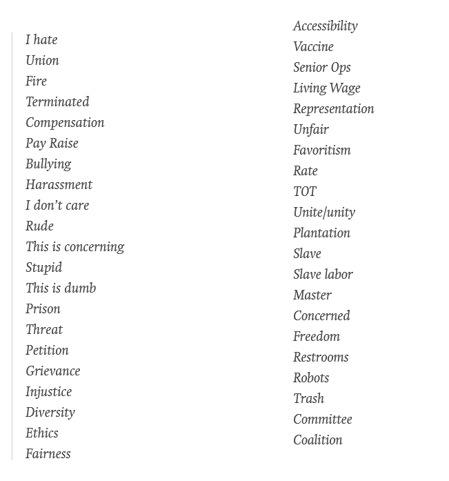 DanPriceSeattle's tweet image. The full list of words Amazon has banned its workers from using is worth a read