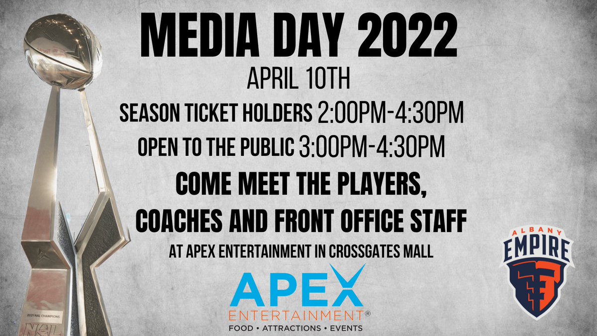thealbanyempir's tweet photo. We present to you, our Media Day! 🎥📸Come hangout with us at Apex Entertainment Albany in Crossgates Mall this Sunday!!
RSVP on the link below 👇👇
https://t.co/jOur234ipy
https://t.co/IDwqqrLTbk
#albanyempire #nal #nalfootball #withourshields #meetandgreet #apexentertainment https://t.co/OLIGKb2mg4