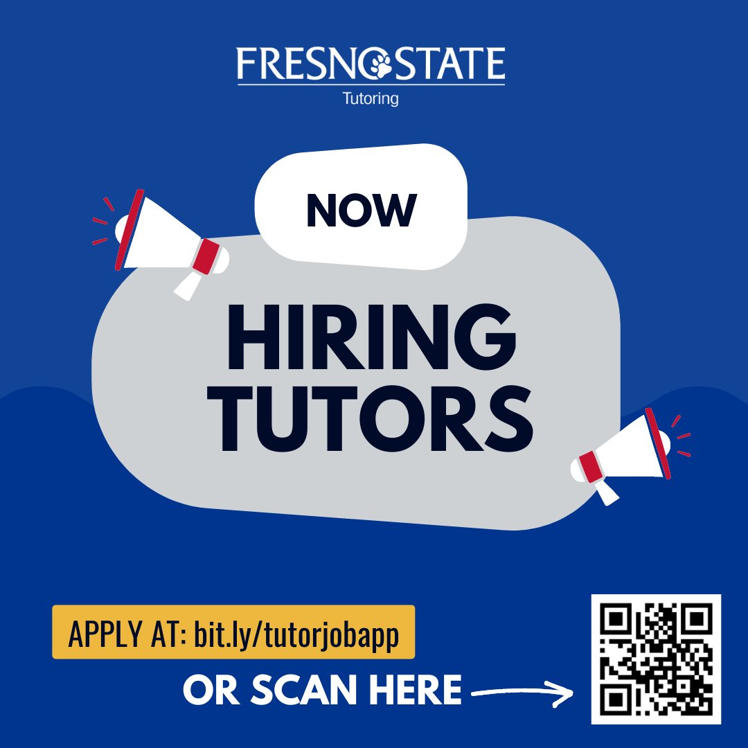 Hiring tutors for the fall semester. Apply by going to @HireFresnoState or bit.ly/tutorjobapp.
* $16/hour
* 9-20 hours/week
* Paid training &amp; prep time
* In-person &amp; online tutoring
* Must have 3.0 cumulative GPA
* Must be enrolled at least half-time