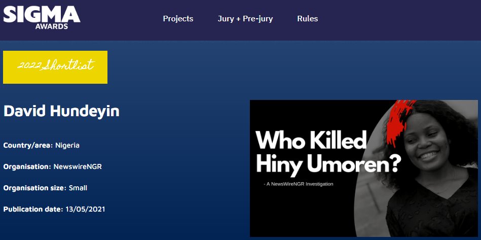 DavidHundeyin's tweet photo. My story "Who Killed Hiny Umoren?" has been shortlisted for the 2021 @SigmaAwards for data journalism. Many thanks to @NewsWireNGR, @AbangMercy and @TheFavoredWoman my kickass editor who also designed the story's iconic cover art🙌🏿
https://t.co/vm3in0FSqb https://t.co/YlUWvqh0BW