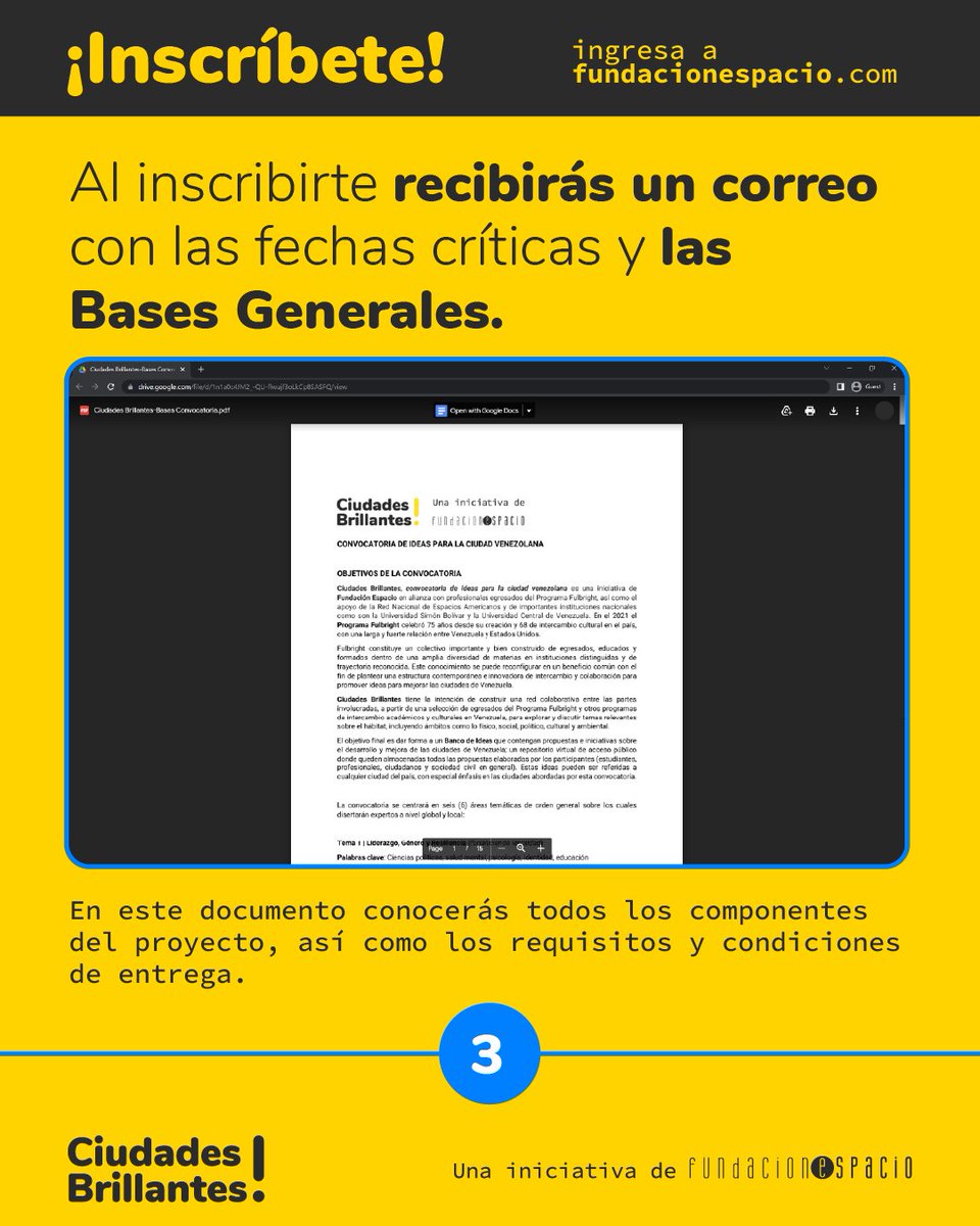 Te explicamos en #3 pasos como formalizar tu inscripción en #CiudadesBrillantes

1 Ingresa en fundacionespacio.com/extension/ciud…
2 Completa el formulario docs.google.com/forms/d/e/1FAI…
3 Revisa las bases drive.google.com/file/d/1_ZDAeC…