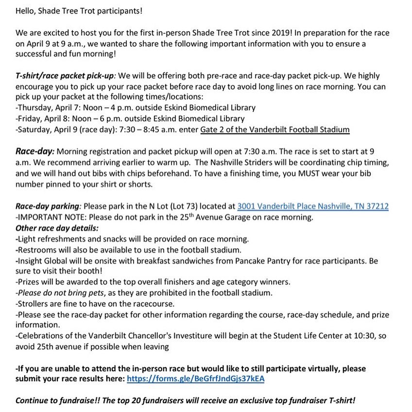 5 DAYS TO GO PEOPLE!!! We can’t wait to see you at Shade Tree Trot 2022🏃‍♀️🏃🏃‍♂️ Please note the important Race Day info, posted here!