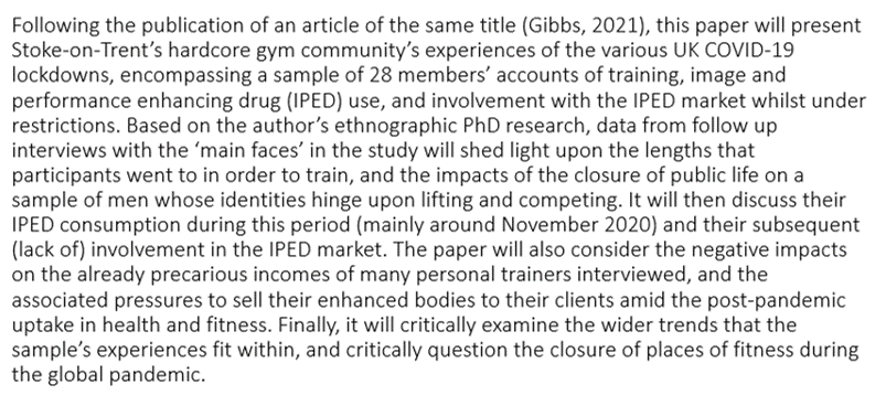 Our very own @NickRGibbs1 will be presenting a paper entitled '‘No one’s going to buy steroids for a home workout’: the impact of the national lockdown on hardcore gym users, anabolic steroid consumption and the image and performance enhancing drugs market' #postgradsandpandemics