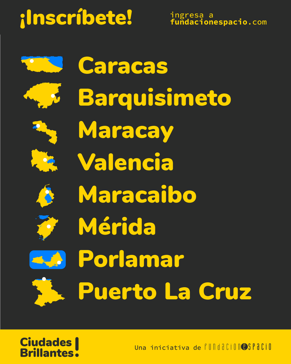 Atento a las fechas
Sigue dando forma a tus ideas y participa.
#CiudadesBrillantes #Caracas #Barquisimeto #Maracaibo #Maracay #Mérida #Porlamar #PuertoLaCruz #Valencia #ldeasBrillantes #CiudadanosBrillantes #Venezuela #convocatoria #ideas
¡Te esperamos!