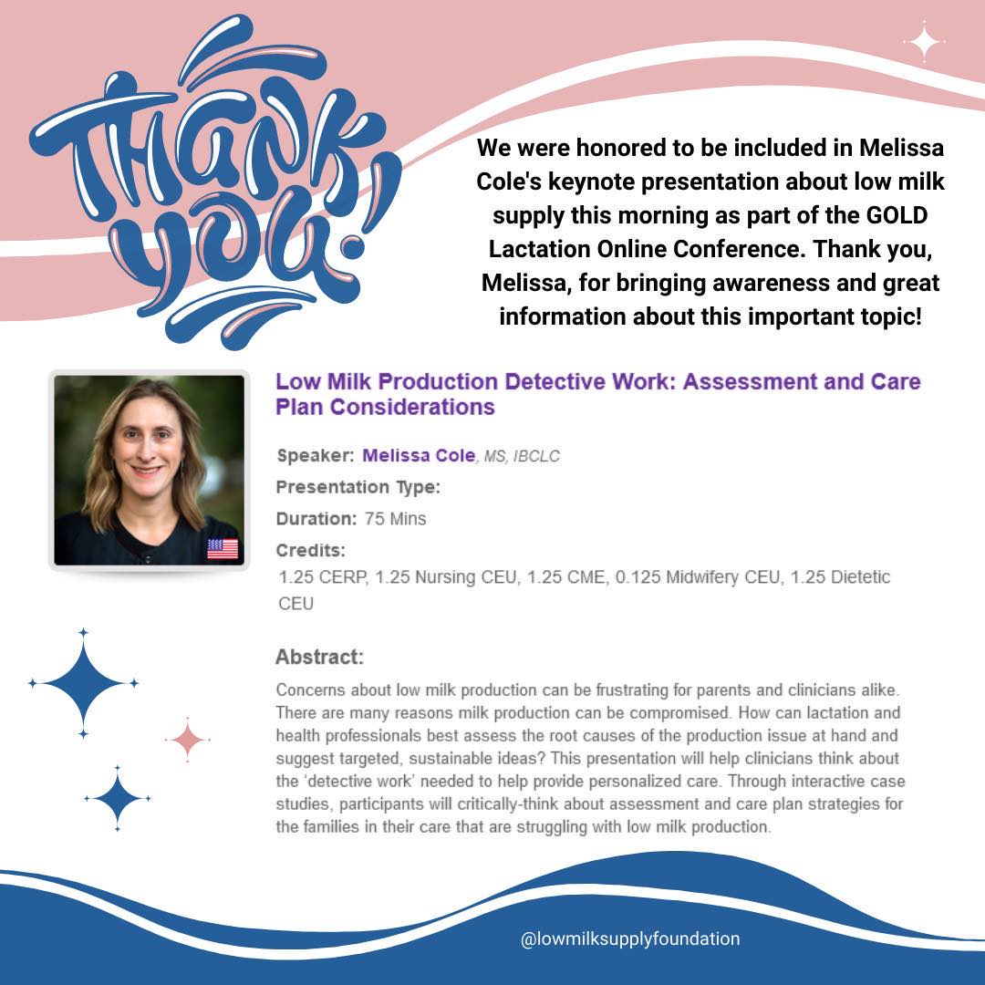 lmsfoundation's tweet photo. Huge thanks to Melissa Cole @LunaLactation for a stellar presentation about the many causes of low milk supply during today's opening keynote of the @GOLDLactation Online Conference. We appreciate her highlighting @lmsfoundation! #GOLDLactation2022 #lactationsupport #clms https://t.co/Aqz7UDbTQb