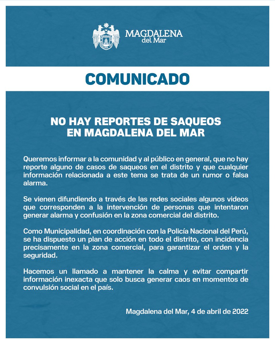 MuniDeMagdalena's tweet photo. ATENCIÓN VECINOS
Queremos informar a la comunidad y al público en general, lo siguiente: https://t.co/7WLhFAj5w2