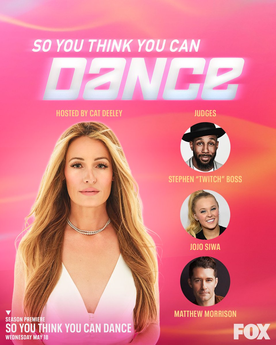 DANCEonFOX's tweet photo. #SYTYCD Season 17 officially premieres May 18 on FOX with some new &amp; familiar faces. 

Please welcome @official_tWitch, @Matt_Morrison, &amp;  @itsjojosiwa to the Judges’ Table &amp; give it up for our returning host, @catdeeley! https://t.co/TSxiLkwr8j