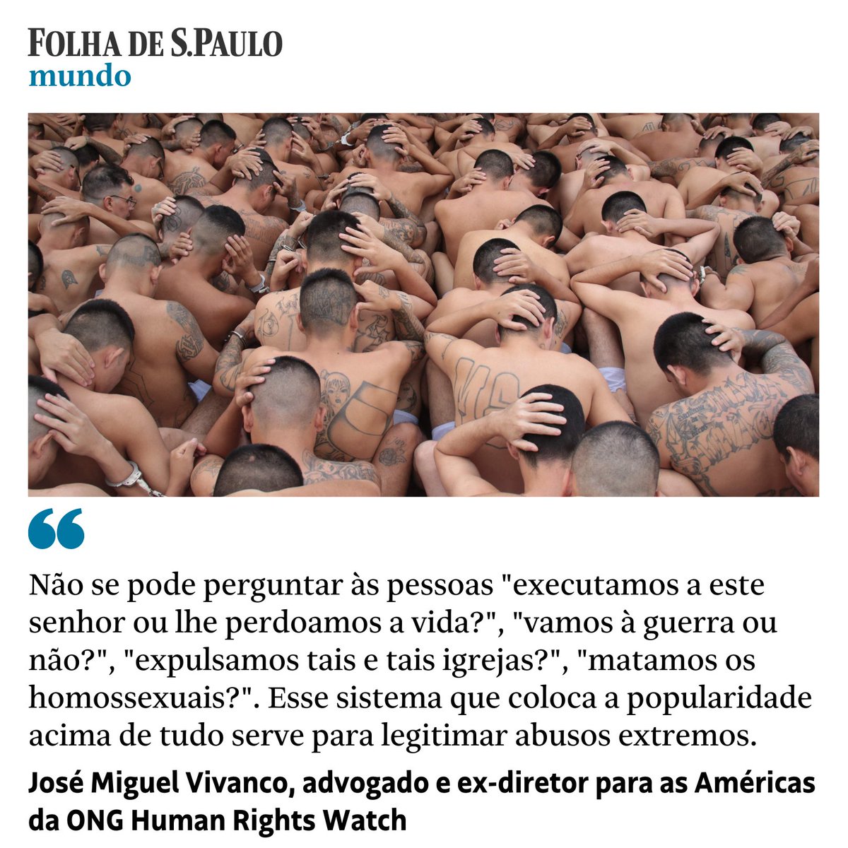 Segundo o  ex-diretor para as Américas da Human Rights Watch, governar só com critérios de popularidade rompe as bases de um Estado de Direito, o que provoca uma escalada de abusos.
📝Leia em bit.ly/3j815Vz
📸Presidência de El Salvador/AFP