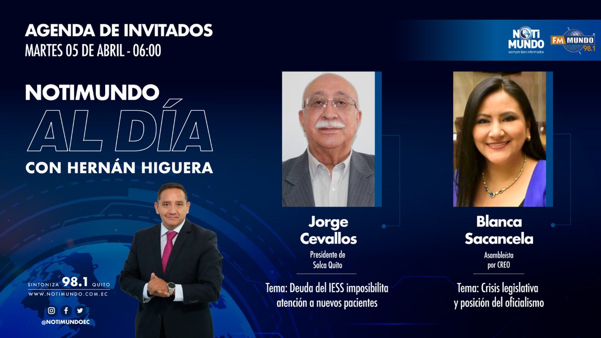 notimundoec's tweet photo. 🌎 #AGENDA | En #NotimundoAlDía iniciamos la jornada bien informados, junto a @higuerahernan.
🎙️ #JorgeCevallos - #SolcaQuito
🎙️ @BlankiSacancela - @CREOEcuador
⏰ 06:00
📻 Sintoniza 98.1 FM ➡️ https://t.co/Crat2zIIb2 https://t.co/EZSFCZgYRM