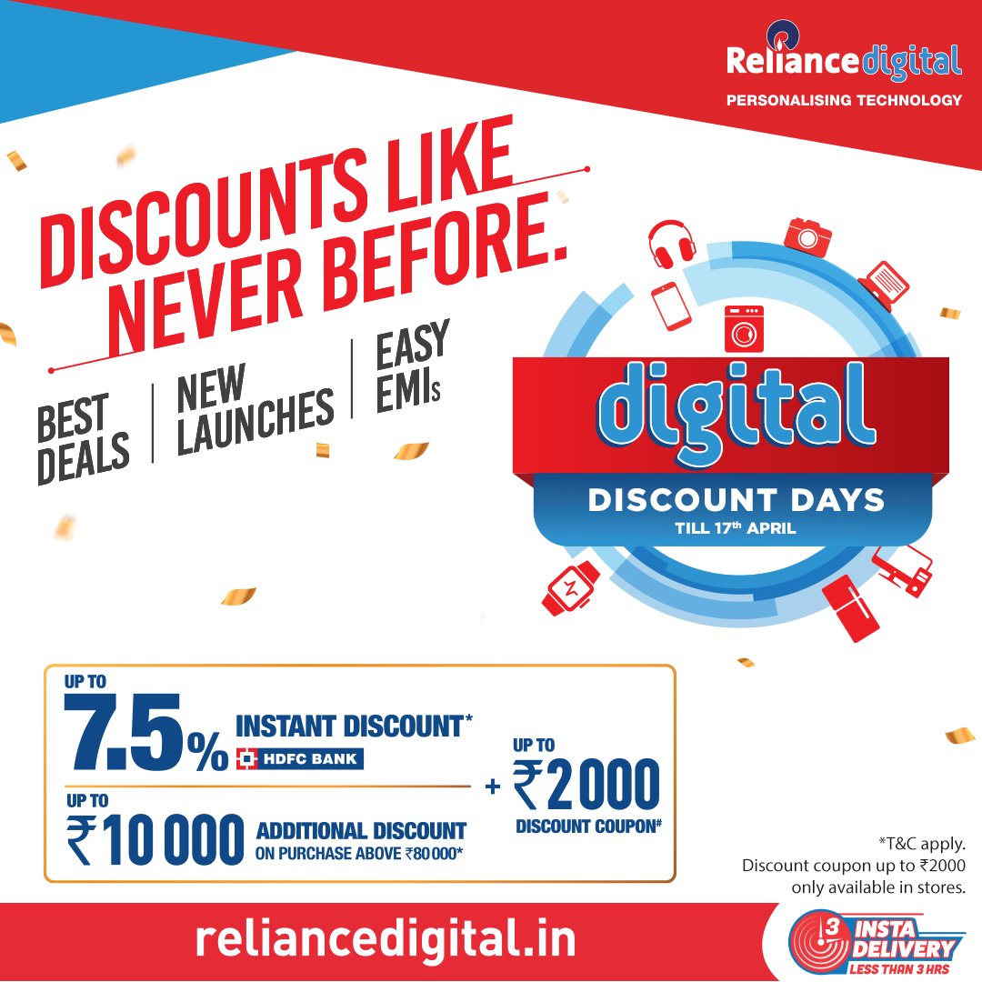 RelianceDigital's tweet photo. Shop at the #DigitalDiscountDays and get amazing deals! Enjoy up to 7.5% Instant Discount on HDFC bank cards &amp; get up to ₹2 000*/- Discount Coupon and also additional discount up to ₹10 000*/- on a purchase above ₹80 000*/-. T&amp;C Apply https://t.co/UFfgv8HOTv