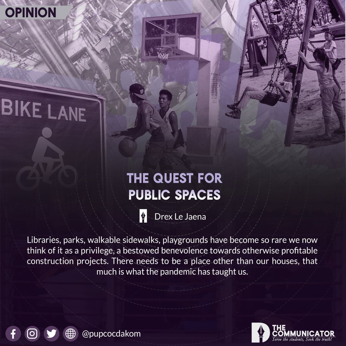 pupcocdakom's tweet photo. OPINION | The quest for public spaces

Article: @drex_dakom
Graphics: Kayceline A. Alfonso
Photo: Xinhua, ashfrancisseagrave, &amp; United Nations

Read the full article on our Facebook page: https://t.co/8LFMS5F2iv https://t.co/vxaJUwGaW5