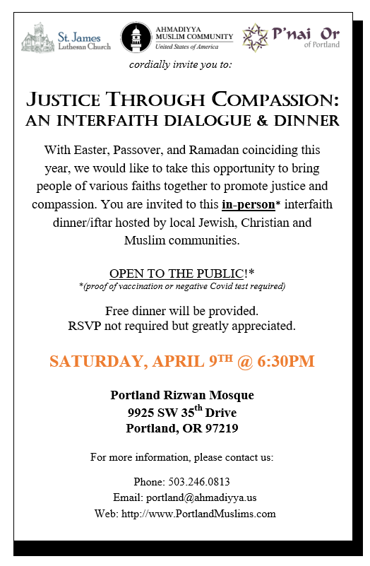 Harris_Zafar's tweet photo. Inviting Portland to this beautiful interfaith #Iftar being organized in the city's oldest Mosque. St. James Lutheran Church and P'nai Or Jewish Congregation are coming together with us to host this event. I hope you will join us for great conversation and food! #Ramadan https://t.co/7ik1y78TD2