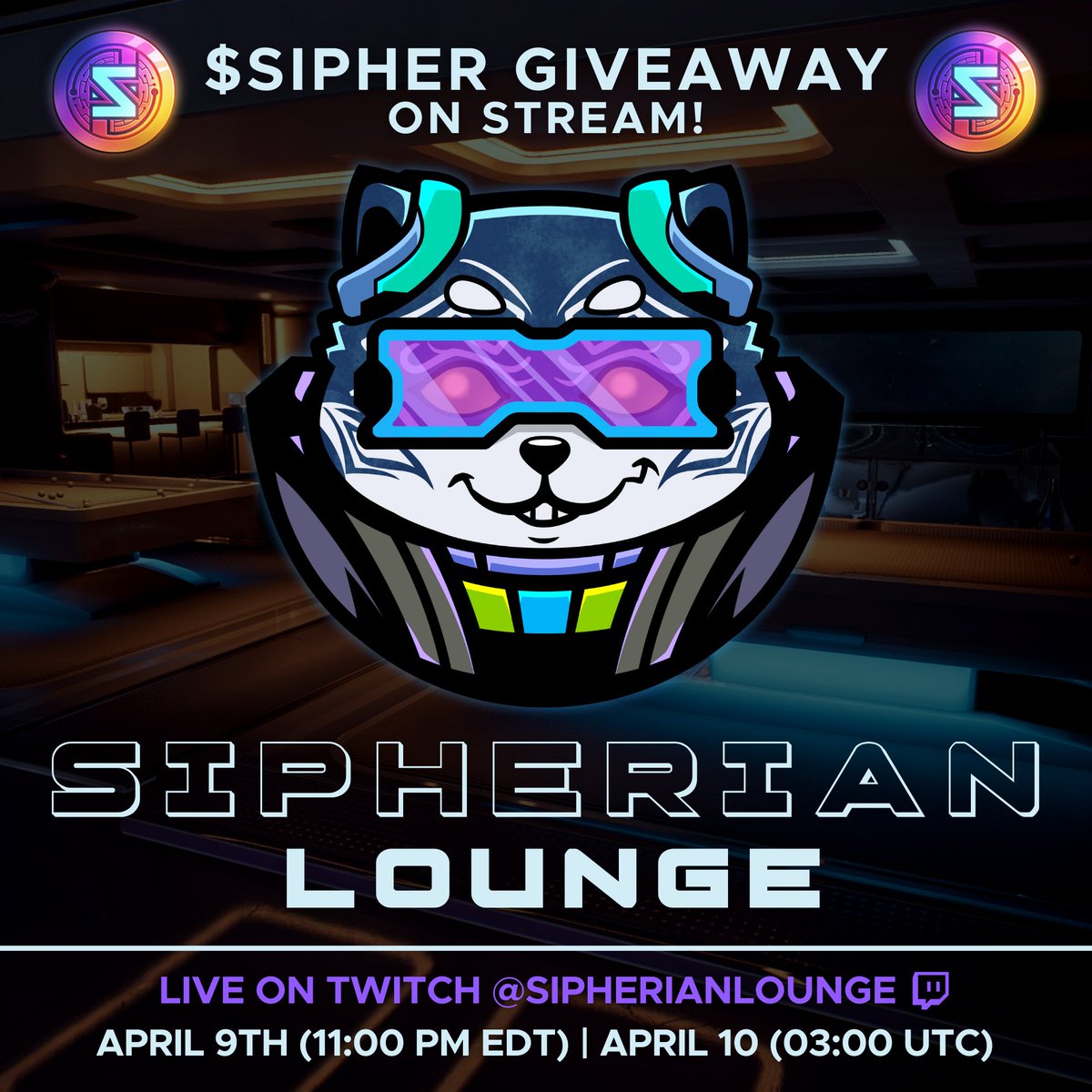 SipherianLounge's tweet photo. Are you ready for episode 1 of Sipherian Lounge?! 🚀

This weekend we'll have special guest @AskTinNguyen joining us to talk about all things @SIPHERxyz 

Let's give away some $SIPHER 🔥
1️⃣ Like + Retweet this post
2️⃣ Follow @SipherianLounge &amp; @SIPHERxyz 
3️⃣ Tag friends below 👇 https://t.co/2jaAf63Wgz