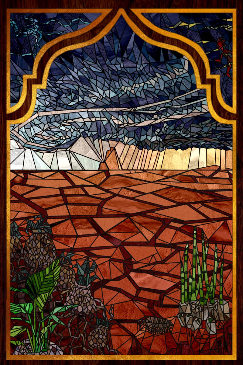 I'm so excited for the year of @BrandonSanderson! Have a stained glass work I just finished of the shattered plains Ft. #Oolin in the upper right and #Syl in the upper left. #shatteredplains #brandonsanderson #StormlightArchive #landscape #stainedglass #art #illustration