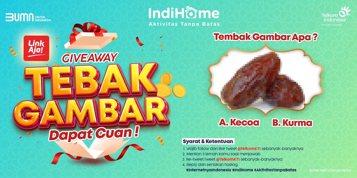 indihomekti's tweet photo. Halo Sobat KTI!  👋
It's Cuan Time 😆
Ada #Giveaway saldo LinkAja total 150K untuk 3 orang pemenang 🤩

Cukup tebak gambar yang ada dibawah ini dengan tepat, Sobat sudah bisa menangkan hadiahnya 🥳

Jawab dengan mengikuti S&amp;K nya yah! 

#IndiHome #TelkomKTI https://t.co/DIfTQCriSf