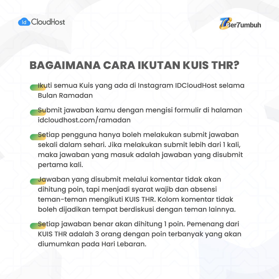 Idcloudhostcom's tweet image. KUIS THR IDCLOUDHOST BALIK LAGI!🕌✨

Kalo kamu mau hadiah JUTAAN RUPIAH, kamu harus ikutan kuis ini di Instagram IDCloudHost sih! 

Cek cara main, serta syarat dan ketentuannya ya!

#IDCloudHost  #KuisTHR #GiveawayRamadan #GiveawayRamadhan #GiveawayIndonesia #Giveaway2022