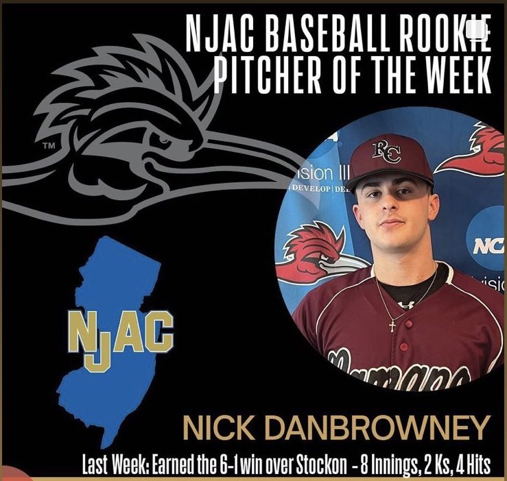 rcnj_baseball's tweet photo. Congratulations to FR RHP Nick Danbrowney for winning his 2nd NJAC Rookie Pitcher of the Week this season. He threw 8 innings of 1 run ball in a 6-1 win. The Roadrunners split their NJAC opening double header with Stockton and return to action tomorrow @ Drew #WeAreRCNJ #d3b https://t.co/op2DXXv0Xk