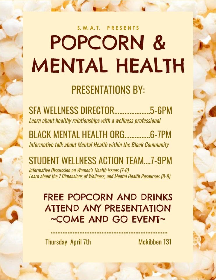 🍿🎊 The presentation schedule is here!🎊🍿 Bring a friend, grab some popcorn and let’s talk about topics that relate to mental health and overall wellness!