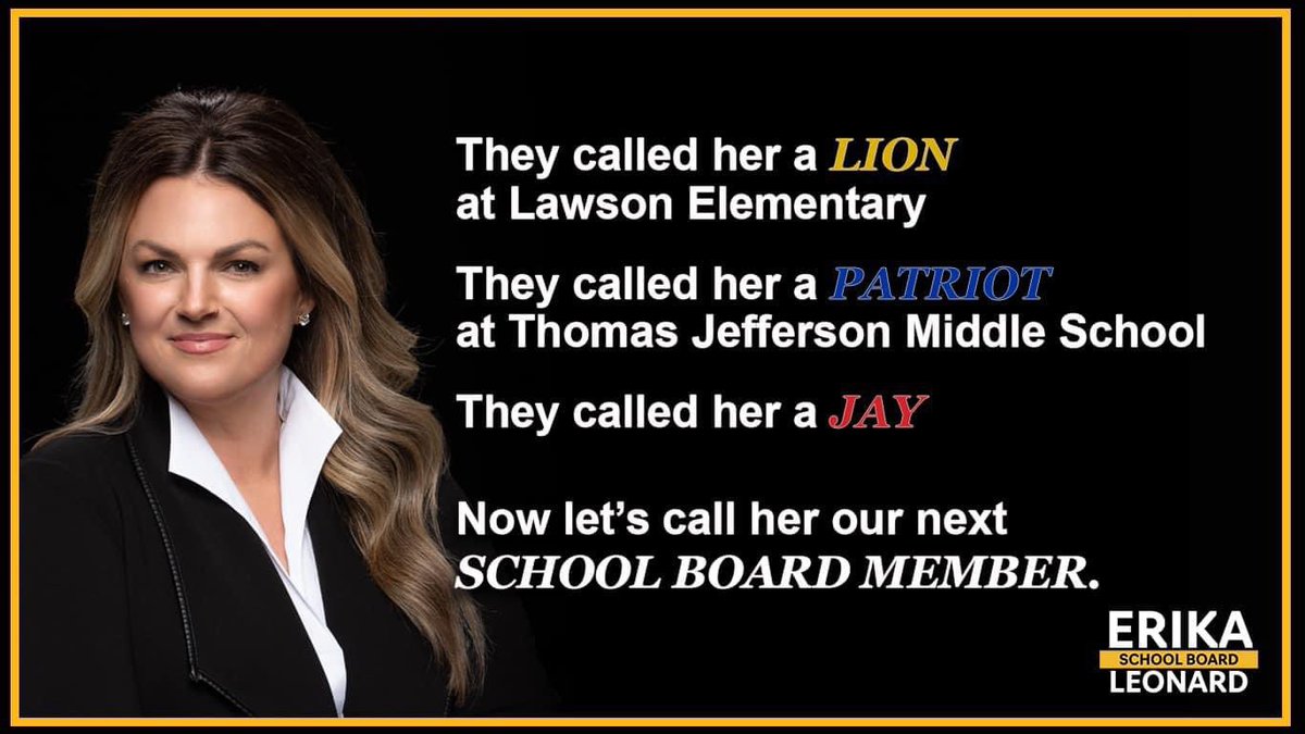 jaypridealive's tweet photo. Hey JayNation, Please vote TOMORROW‼️Erika Leonard, former board member &amp; president of Jay Pride Alive, needs your vote! She is a HUGE JC Schools advocate and would be an amazing addition to the board. She is what’s best for our kids and teachers.#JayPride #ClassOf2001 https://t.co/PUMIk97cDJ