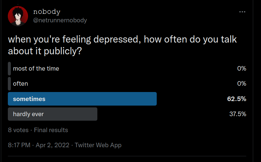 why is there such an appeal for depression-posting?well, because it's a pretty under-served niche. depression rates, suicide rates, and use of alcohol, antidepressants, and marijuana are at all time highs - and yet **no one feels comfortable talking about it publicly.**