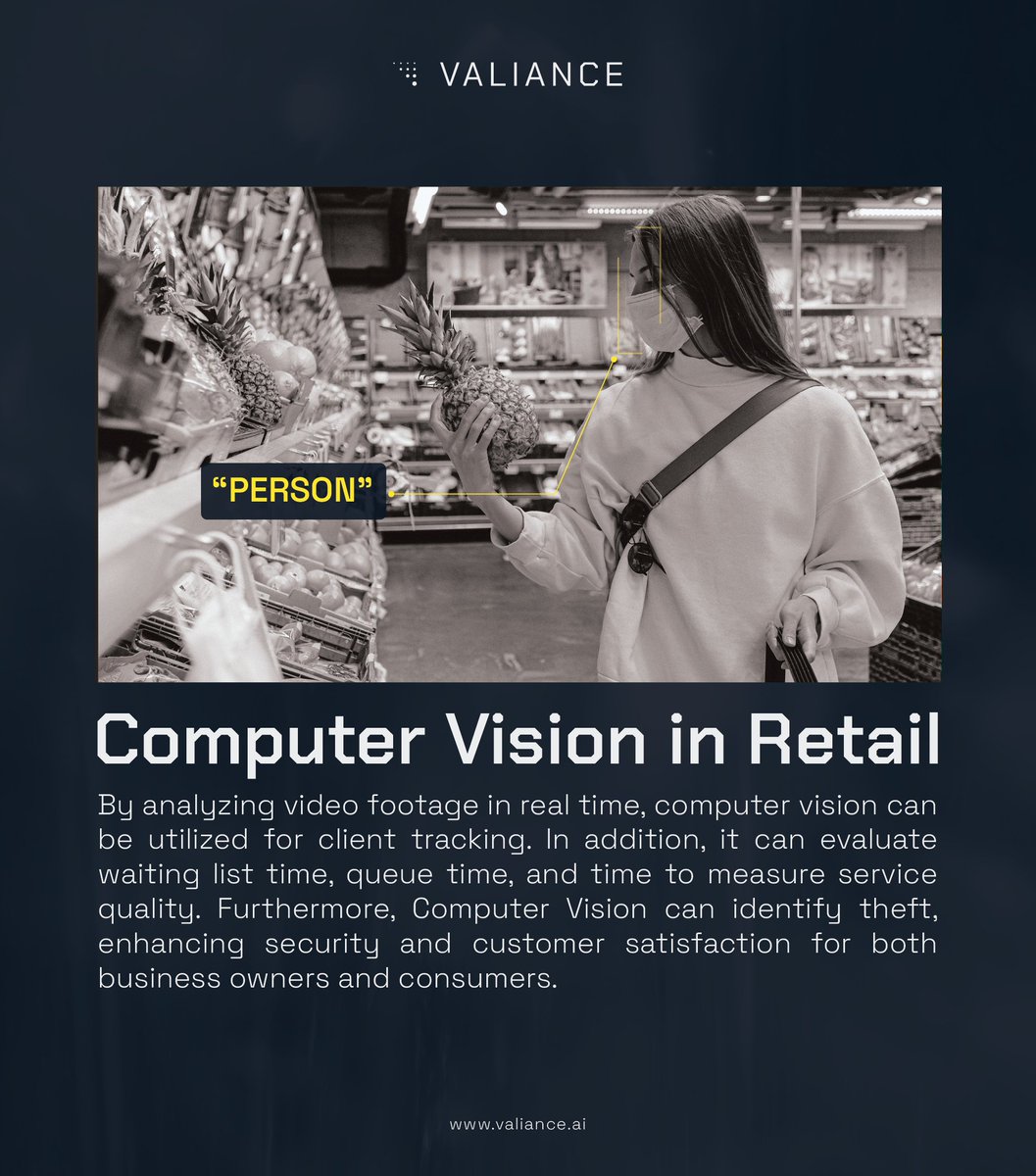 valianceai's tweet photo. #ComputerVision could help retail companies, for example, utilize client tracking by analyzing video footage in real-time.
Learn more about how it could elevate their performance https://t.co/GQTlsR3AEz
#VALInsights https://t.co/sqsz3xvK6n