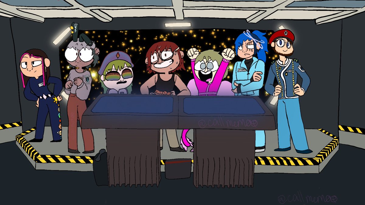 jaxrabbitgurl's tweet photo. "Welcome Aboard, Captains." 
Some are confused, some are nervous, all are present! Time for an adventure! 
L2R: @jaydaluwho @marker_plierss @SqueeDeeLee @wilfys_wifey @NerdDragon25 @aronix_spade @salimiplier
#iswm #InSpaceWithMarkiplier #captians #spacesona #oc #bear #selfinsert https://t.co/cKrGfijyNd