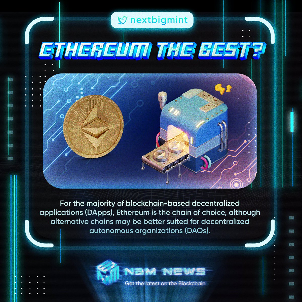 nextbigmint's tweet photo. Despite the fact that Ethereum is still the most popular #blockchain for @#DAOs, there is a strong argument that other chains may be better suited.

What do you think about that? 🤔

🔍To read more:
https://t.co/r5lkcpiHnI

#nextbigmint #crypto #tokens #DAO #nbm #NFT #NFTs https://t.co/9rML39p4Ot