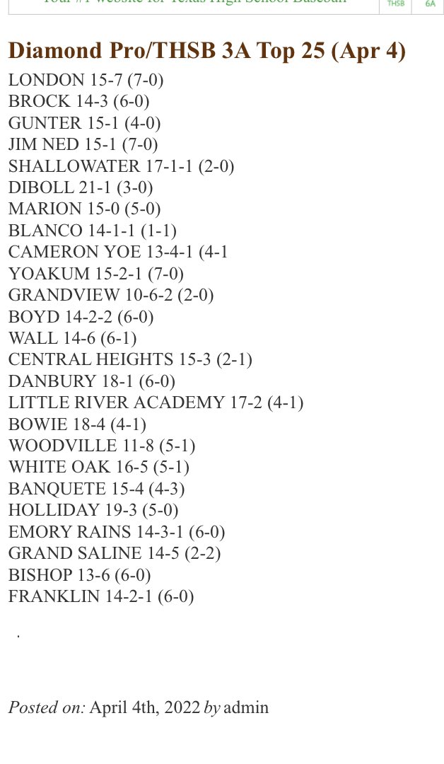 THSB 3A top 25 for April 4th