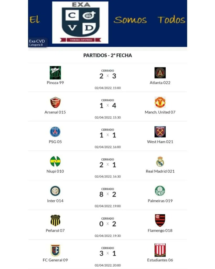 asoexacvd's tweet photo. Resultados de la 2da fecha Categoria B, tabla de posiciones y tabla de goleadores #ElExaSomosTodos #EnBuscaDeLaGloria🏆 https://t.co/xZn5XyJCr3